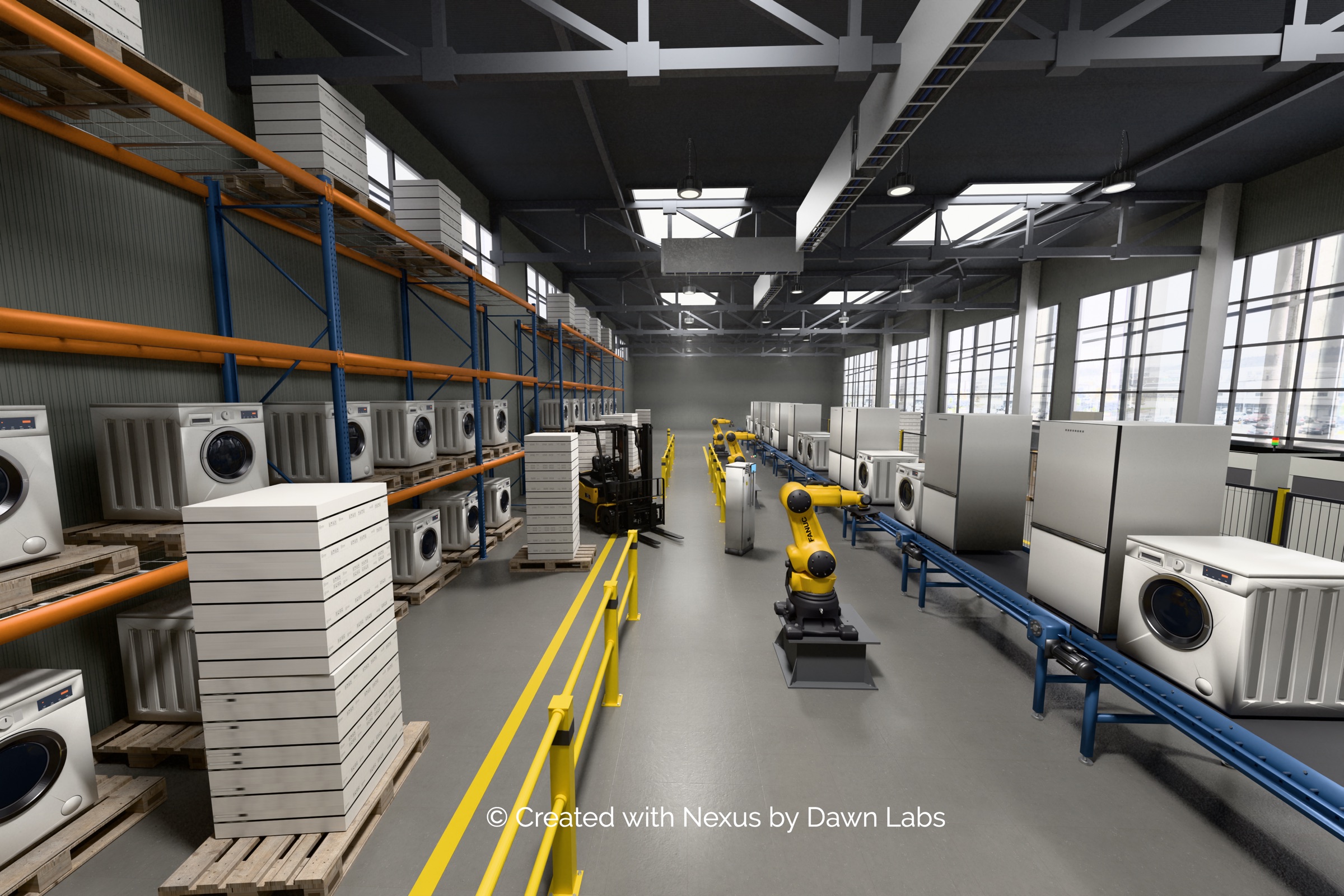 Appliance assembly line with FANUC robot arms, conveyors, and racked washing machines