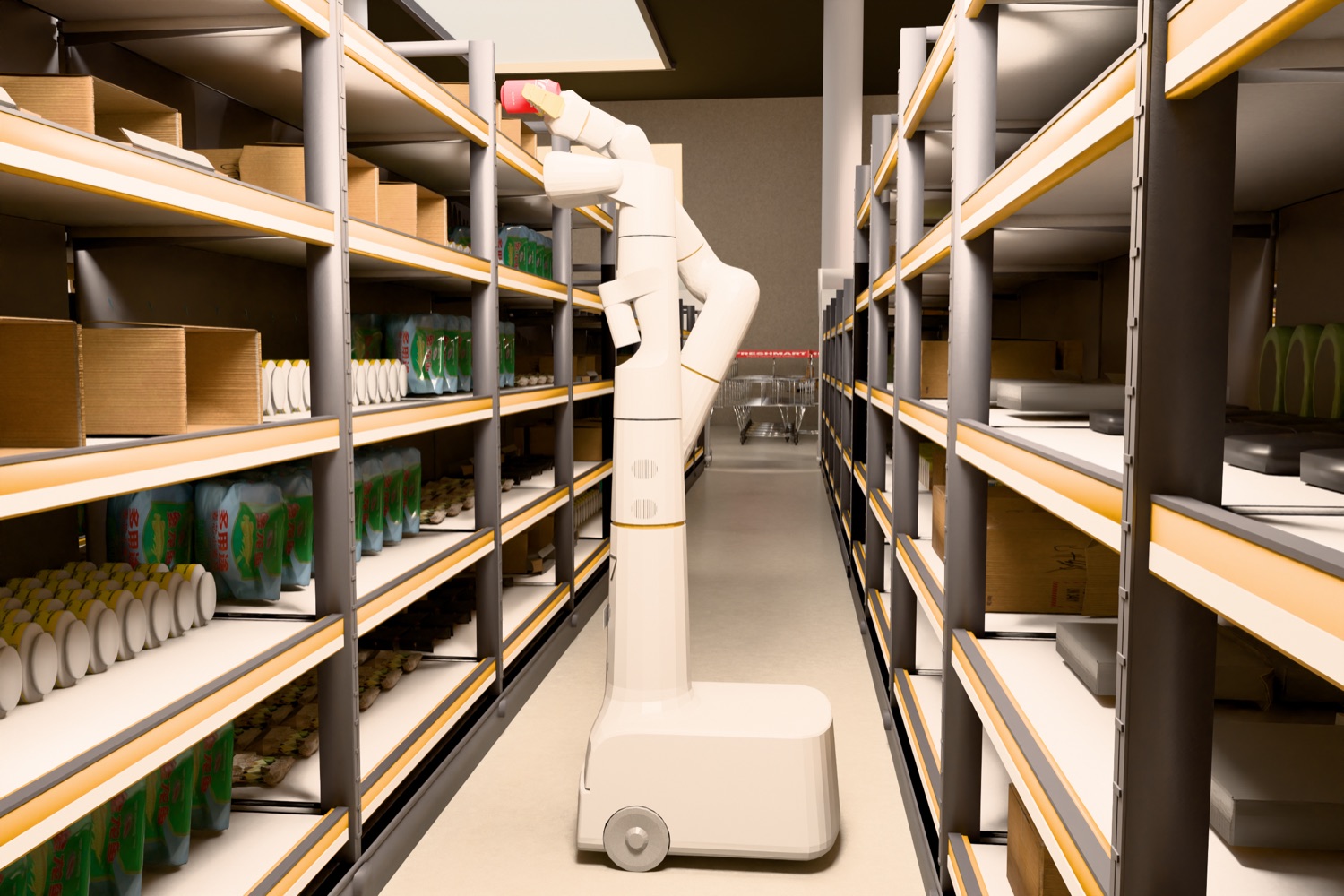 Mobile manipulator lifting an item from the top shelf of an aisle