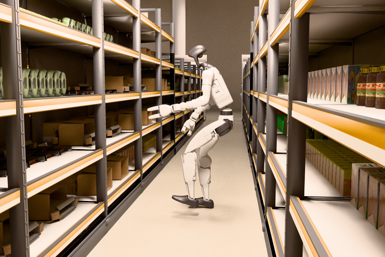 Humanoid robot crouching to restock a low shelf in a grocery aisle