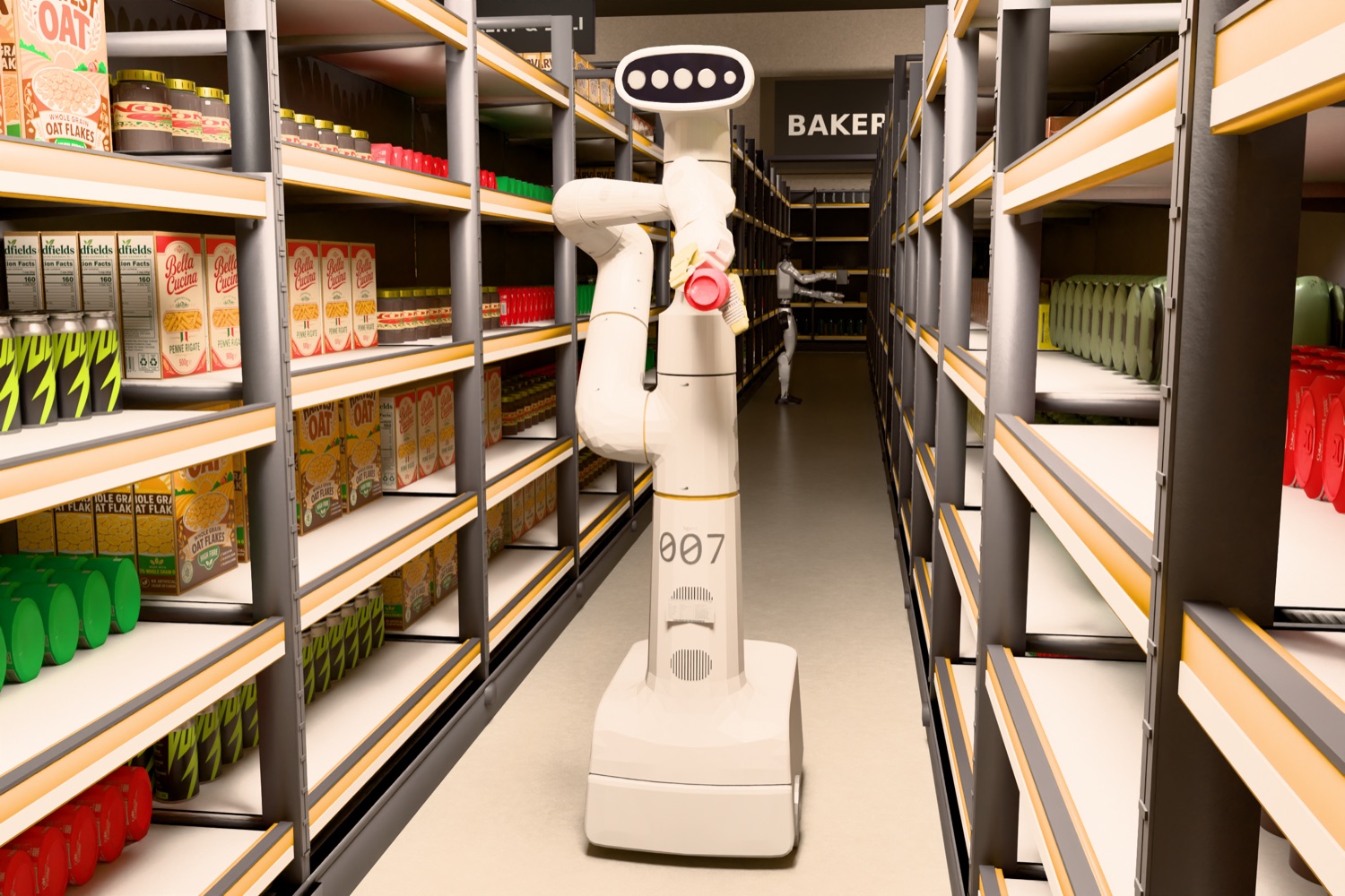 Mobile robot scanning shelves while a humanoid works in the next aisle
